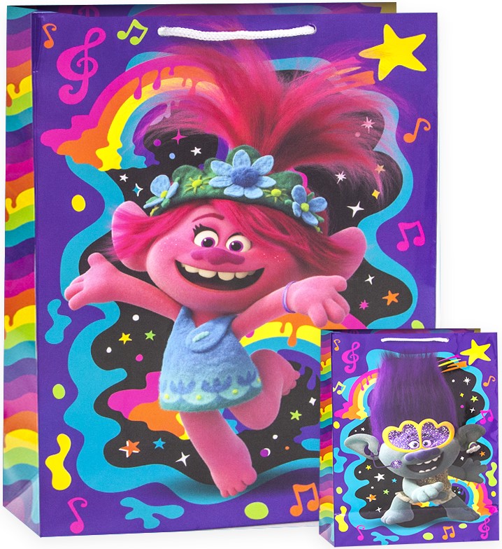 Пакет подарочный (23*18*10см), Тролли, Розочка и радужные ноты, Фиолетовый, 1 шт.