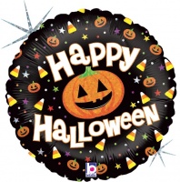 Шар (18''/46 см) Круг, Тыквы на Хэллоуин, Черный, Голография, 1 шт.
