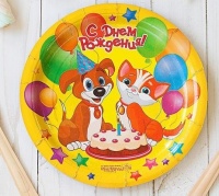 Тарелка бумажная (18см), С днем рождения, песик и кошечка, 10 шт.