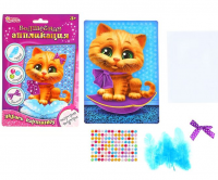 Аппликация перьями и стразами "Котик"+ бантик, 1 шт.