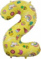 Шар (34''/86 см) Цифра, 2, Веселые картинки, Желтый, в упаковке 1 шт.