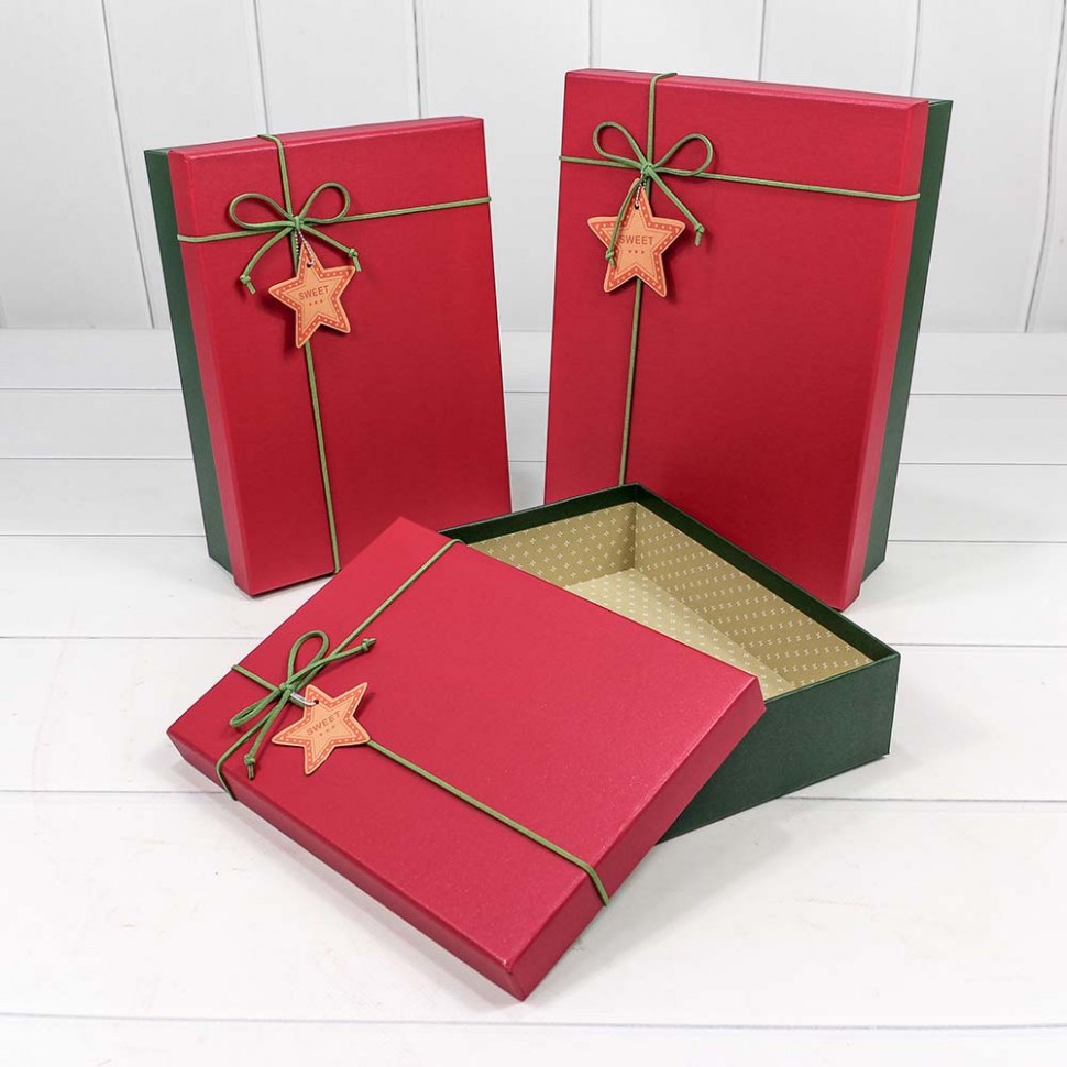 Коробка (23*17*6,5см), Кожаный бант и звездочка, Темно-зеленый/Красный, 1 шт.