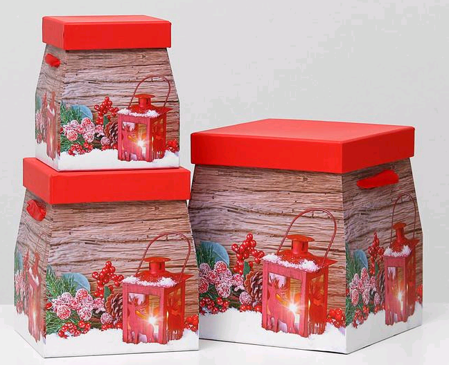 Коробка трапеция (17,5х17,5х21,5см), Фонарики, Красная, 1 шт.