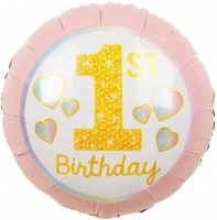 Шар (18''/46 см) Круг, 1-ый День рождения девочки (радужные сердечки), Розовый, 1 шт.