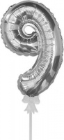 Шар-самодув (7''/18 см) Мини-цифра, 9, Серебро, 1 шт.