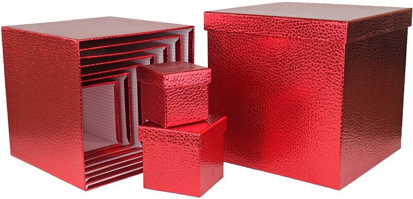 Коробка-куб (10,5*10,5см), Текстура кожи, Красный, Металлик, 1 шт.