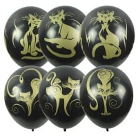 Шар (14"/35см) Кошачий бум, Металлик черный, 4 ст. рис., 25 шт.