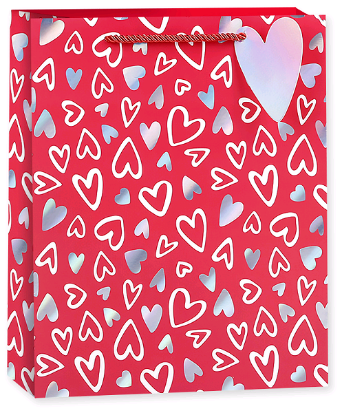 Пакет подарочный (23*18*10 см), Граффити сердец, Красный, Голография, 1 шт.