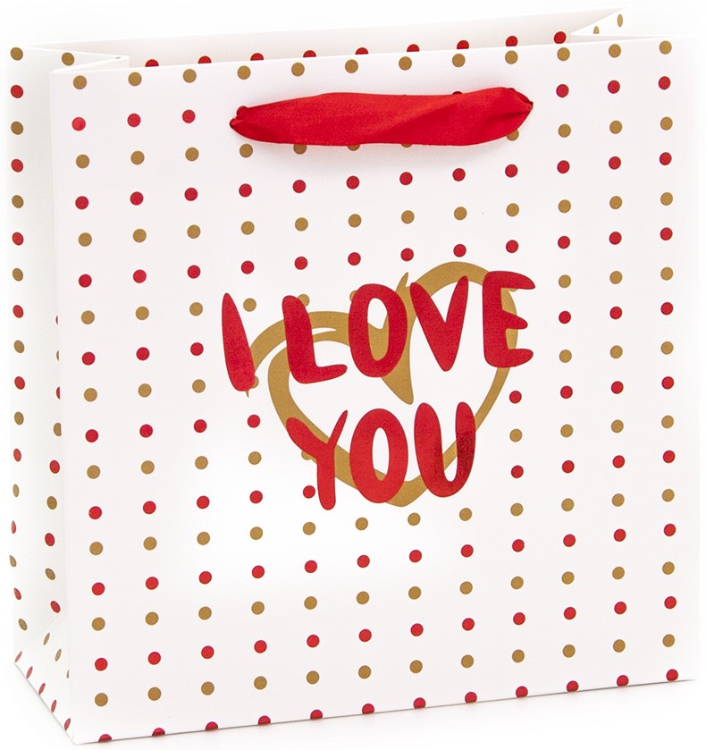Пакет подарочный (20*20*8 см) Я Люблю Тебя (конфетти и сердце), Белый, 1 шт.