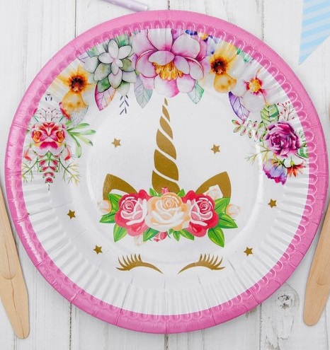 Тарелка бумажная (18см), "Единорог и цветы", Розовый, 6 шт.