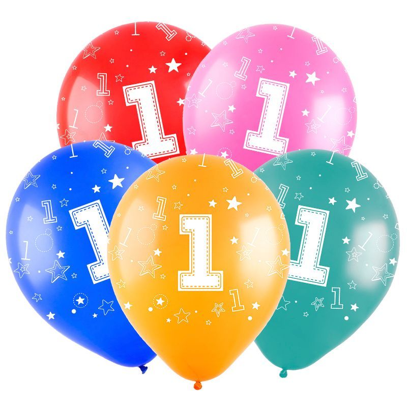 Шар (12"/30см) Цифра "1", ассорти, пастель 5 ст., 50 шт.