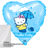 Шар (18''/45 см) Сердце, Hello Kitty, Котенок с зонтиком, Голубой, 1 шт. в упак.
