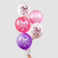 Шар (12"/30см) С Днем Рождения, бабочка, 5 шт.