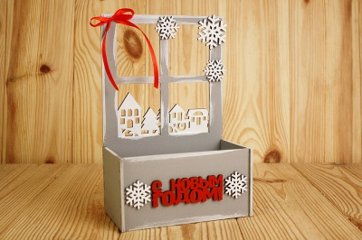 Подарочная упаковка-конверт (15,5*9*23,5см), "С Новым годом!" с окном, МДФ 3мм, Серая, 1 шт.