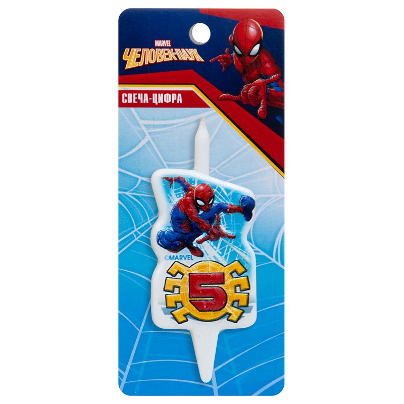 Свеча Цифра, 5, Человек-Паук, 7 см, 1 шт.