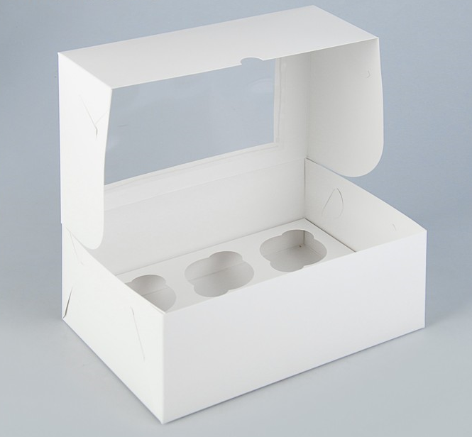 Коробка на 6 капкейков с окном, белая (25х17х10см), 1 шт.