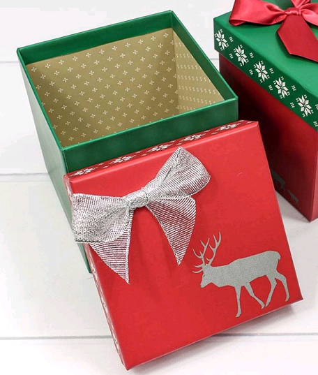 Коробка (11*11*11см), Северный олень, Зеленая с красной крышкой, 1 шт.