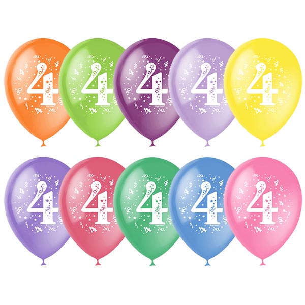 Шар (12"/30см) Цифра четыре, ассорти, П+Д (шелк), 2 ст. рис., 10 шт