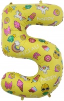 Шар (34''/86 см) Цифра, 5, Веселые картинки, Желтый, в упаковке 1 шт.