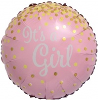 Шар (18''/46 см) Круг, С рождением девочки (золотое конфетти), Розовый, 1 шт.