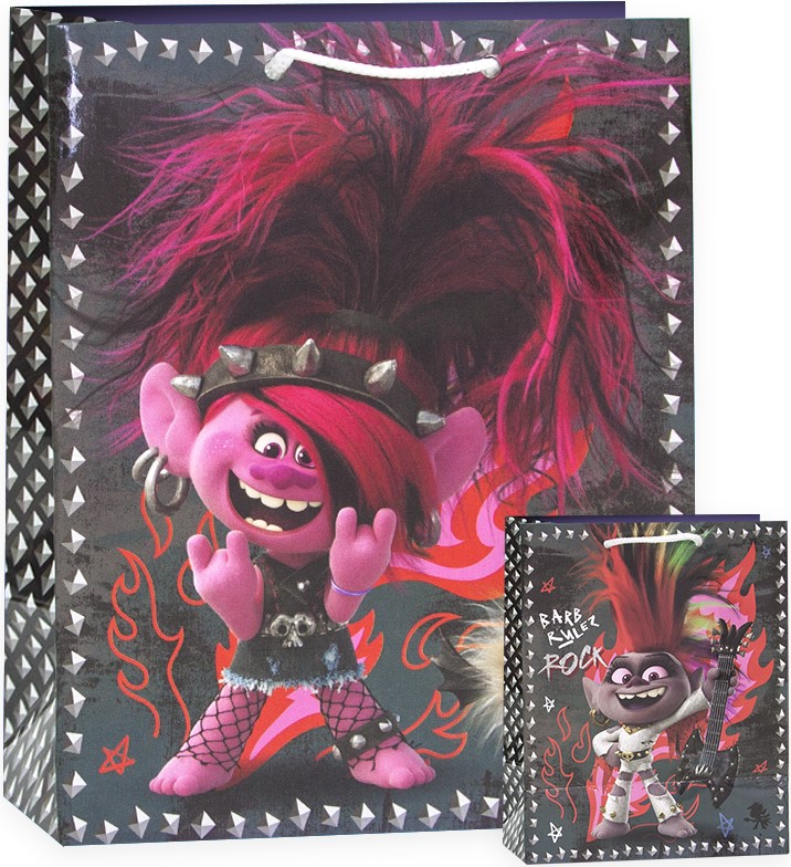 Пакет подарочный (23*18*10см), Тролли, Розочка Рок-звезда, Черный, 1 шт.