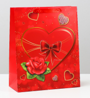 Пакет подарочный (26*32*12см),  Сердце с бантом и розой, 1 шт.