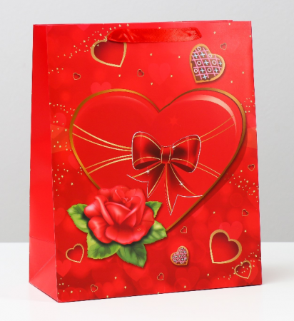 Пакет подарочный (26*32*12см),  Сердце с бантом и розой, 1 шт.