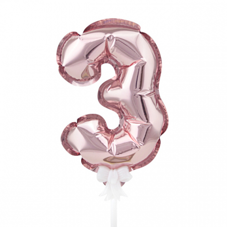 Шар (7"/18см) Цифра 3 Розовое золото, трубочка, держатель, в упаковке, 1 шт.
