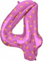Шар (34''/86см) Цифра, 4 Золотые короны, Розовый, 1 шт. в упак.