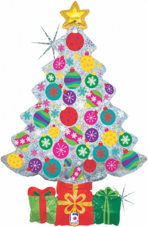 Шар (39''/99 см) Фигура, Новогодняя елочка и подарки, Серебро, 1 шт.