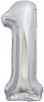 Шар (40''/102см) Цифра, 1, Slim, Серебро, 1 шт.