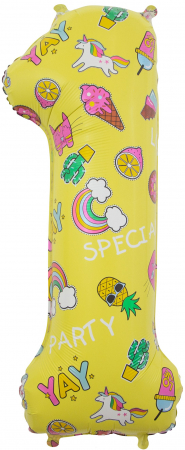 Шар (34''/86 см) Цифра, 1, Веселые картинки, Желтый, в упаковке 1 шт.