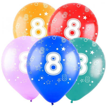 Шар (12"/30см) Цифра "8", ассорти, пастель 5 ст., 50 шт.