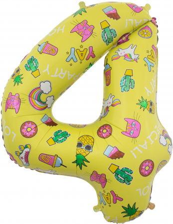 Шар (34''/86 см) Цифра, 4, Веселые картинки, Желтый, в упаковке 1 шт.