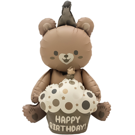 Шар (23''/58см) Фигура 3D, Мишка с капкейком, Бежевый, Сатин, 1 шт. 