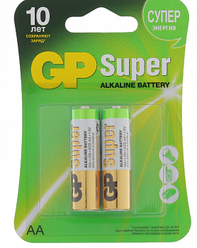 Батарейка алкалиновая GP Super, AA, LR6-2BL, 1.5В, блистер, 2 шт. 