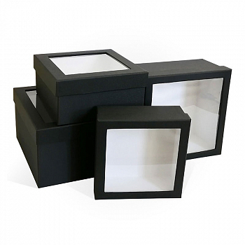 Коробка квадратная (19*19*9см), С прозрачным окном, тиснение, Черная, 1 шт.