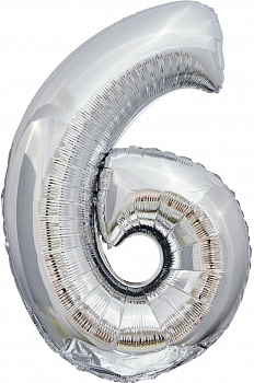 Шар (40''/102см) Цифра, 6, Slim, Серебро, 1 шт.