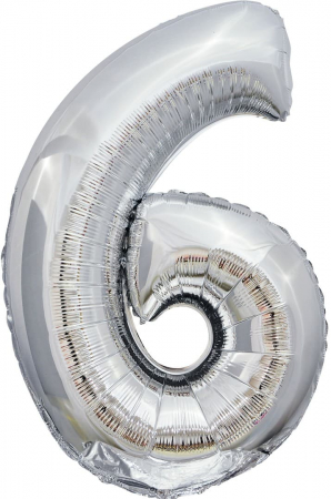Шар (40''/102см) Цифра, 6, Slim, Серебро, 1 шт.