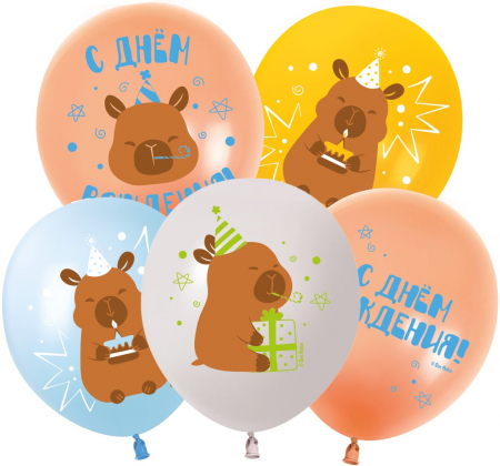 Шар (12''/30см) Капибары, С Днем Рождения!, Ассорти, пастель, 2 ст, 25 шт.