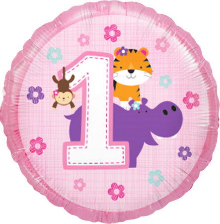 Шар (18''/46см) Круг, Первый день рождения девочки, Розовый, 1 шт.