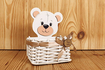 Корзинка плетёная (12,5*9*16,5см), из лозы, МДФ, лоза бумажная, окрашен., Мишка с бантом, 1 шт. 