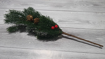 Веточка декоративная (40см), Ель с декором и блестками, 1 шт.