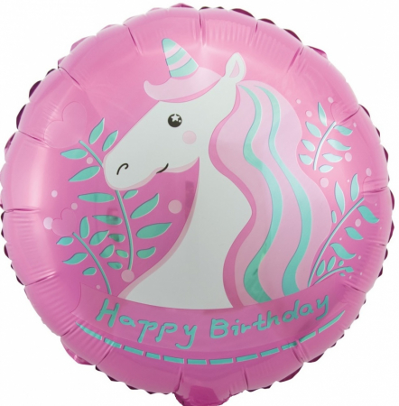 Шар (18''/46 см) Круг, С Днем Рождения (единорог), Розовый, 1 шт.