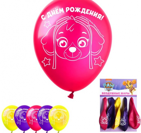 Шар (12"/30см) С Днем рождения!, Щенячий патруль, Скай, ассорти, пастель, 5 шт.
