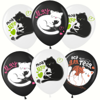 Шар (12''/30см) Мяу-Мяу, Котики, Черный (299)/Белый (200), пастель, 1 ст, 25 шт.
