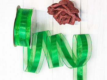 Лента атлас+органза (25мм*22,85м), Зеленая, 1 шт.