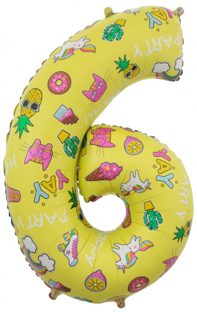 Шар (34''/86 см) Цифра, 6, Веселые картинки, Желтый, в упаковке 1 шт.