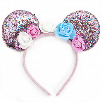 Ободок Мышка в цветочном венке, Розовый, с блестками, 1 шт.