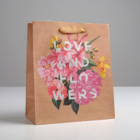 Пакет подарочный (23*27*11,5см), Love and flowers, крафт, 1 шт.